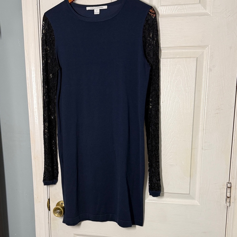 Diane Von Furstenberg Navy Dress with Black Lace Sleeves